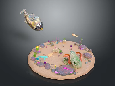 Enchanted Circular Sand Landscape with Colorful Rocks Plants Dinosaur Skull Fish and Flying Submarine 3d model