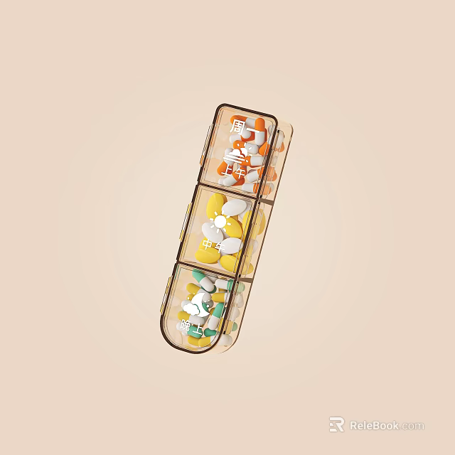 Clear Multi Section Daily Pill Organizer With Transparent Case And Colored Pills 3d model 