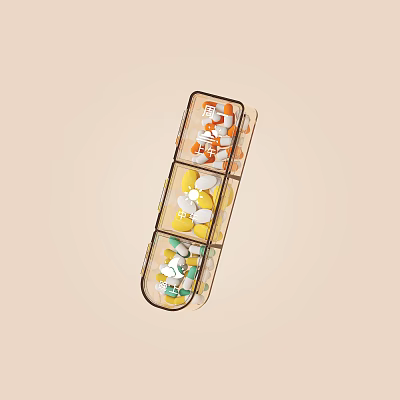 Clear Multi Section Daily Pill Organizer With Transparent Case And Colored Pills 3d model