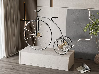 Vintage Bicycle Decorative Ornament Set On White Stand With Gray Wall Green Plant And Magazine 3d model