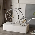 Vintage Bicycle Decorative Ornament Set On White Stand With Gray Wall Green Plant And Magazine