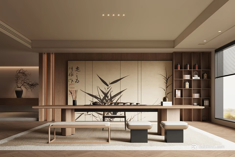 Traditional Japanese Tea Room Interior With Wooden Table Bamboo Decor And Calligraphy Scrolls 3d model 