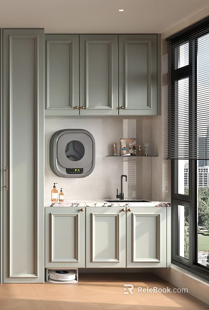 Home Balcony Interior Design With Light Green Cabinets Wall Mounted Washing Machine And Marble Countertop 3d model 