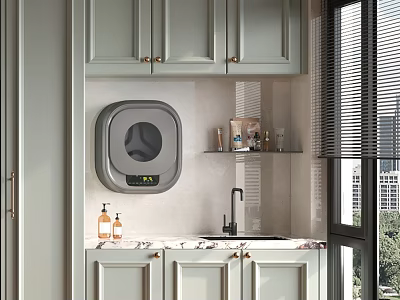Home Balcony Interior Design With Light Green Cabinets Wall Mounted Washing Machine And Marble Countertop 3d model