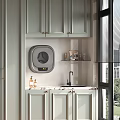 Home Balcony Interior Design With Light Green Cabinets Wall Mounted Washing Machine And Marble Countertop