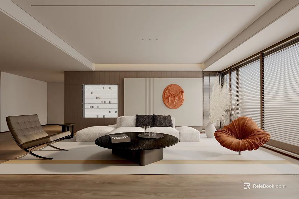 Modern Living Room Interior Design With White Sofa Black Coffee Table And Circular Wall Art 3d model 