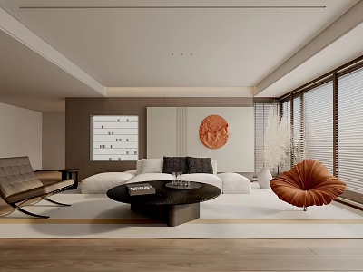 Modern Living Room Interior Design With White Sofa Black Coffee Table And Circular Wall Art 3d model