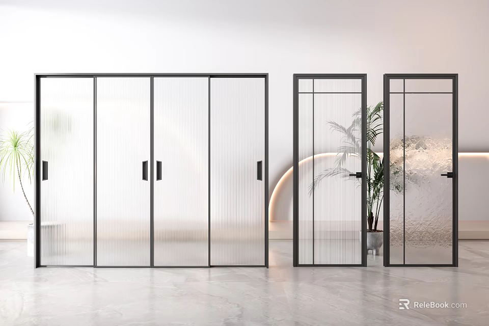 Modern Glass Sliding Doors With Black Frames In Minimalist Interior Space 3d model