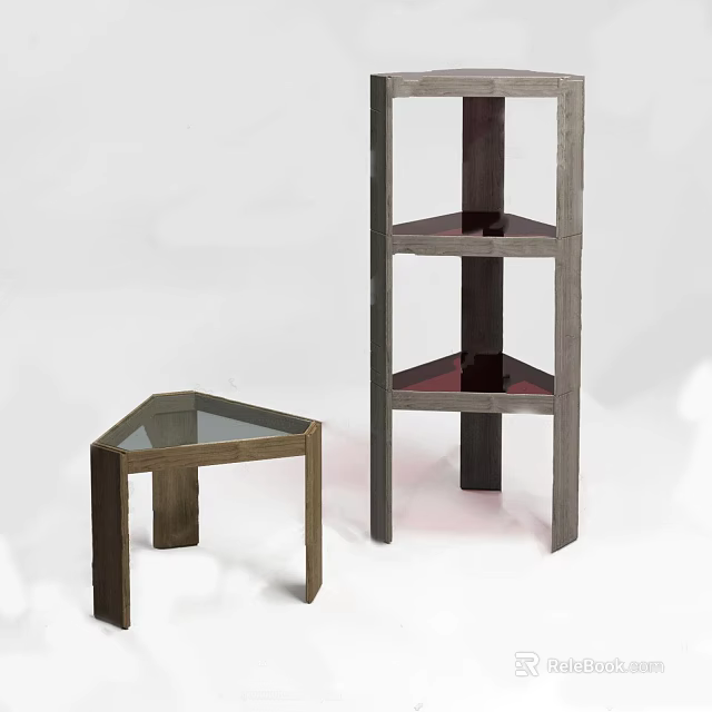 Two Modern Corner Tables With Wooden Frame Glass Top And Triangular Design 3d model 