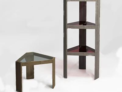 Two Modern Corner Tables With Wooden Frame Glass Top And Triangular Design 3d model