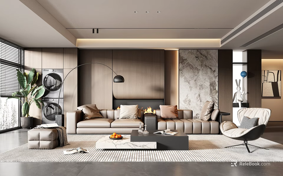 Modern Living Room Interior With Beige Sofa Area Rug Floor Lamp And Marble Wall 3d model 