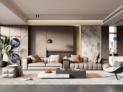 Modern Living Room Interior With Beige Sofa Area Rug Floor Lamp And Marble Wall 3d model