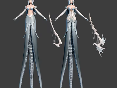 Mythical Female Characters In Elaborate White Blue Costumes With Bird Themed Bow And Weapon 3d model