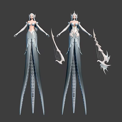 Mythical Female Characters In Elaborate White Blue Costumes With Bird Themed Bow And Weapon 3d model