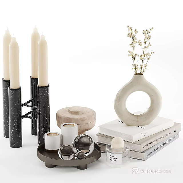 Modern Decorative Ornament Set With Marble Candle Holders Circular Vase Dried Flowers And Stacked Books 3d model 