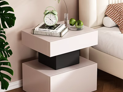 Modern Minimalist Bedroom With White Nightstand Green Alarm Clock Books And Monstera Leaf 3d model