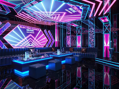 Modern KTV Interior Design With Neon Lights Seating Area And Bar Counter 3d model