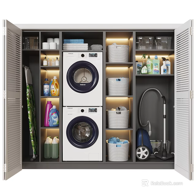 Modern Bathroom Cabinet Rack With Washer Dryer Storage Baskets Cleaning Supplies And Vacuum Cleaner 3d model 