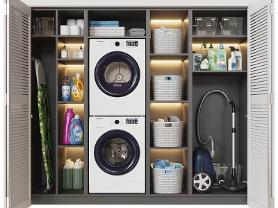 Modern Bathroom Cabinet Rack With Washer Dryer Storage Baskets Cleaning Supplies And Vacuum Cleaner 3d model