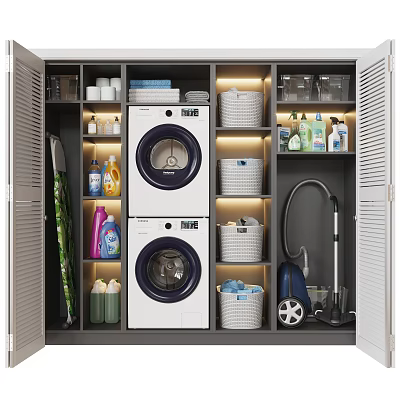 Modern Bathroom Cabinet Rack With Washer Dryer Storage Baskets Cleaning Supplies And Vacuum Cleaner 3d model