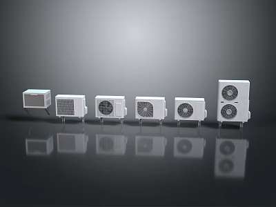 White Air Conditioner Units In Different Sizes With Grille Design On Reflective Surface 3d model
