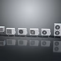 White Air Conditioner Units In Different Sizes With Grille Design On Reflective Surface