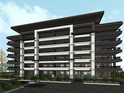 Traditional Chinese Multistory Building With Symmetrical Design Overhanging Eaves And Greenery 3d model