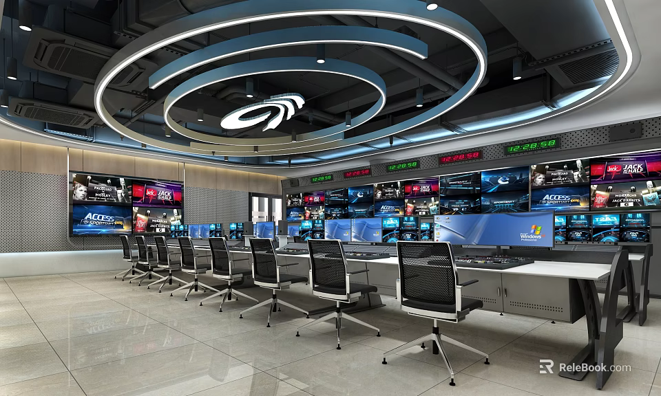 Modern Exhibition Hall Control Room Featuring Multiple Screens Control Desks And Circular Ceiling Lights 3d model 