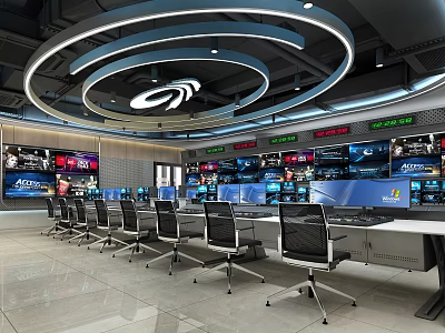 Modern Exhibition Hall Control Room Featuring Multiple Screens Control Desks And Circular Ceiling Lights 3d model
