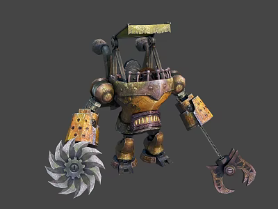 Steampunk Robot Character With Metal Claw Arm And Spinning Fan Blade 3d model