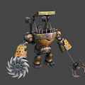 Steampunk Robot Character With Metal Claw Arm And Spinning Fan Blade