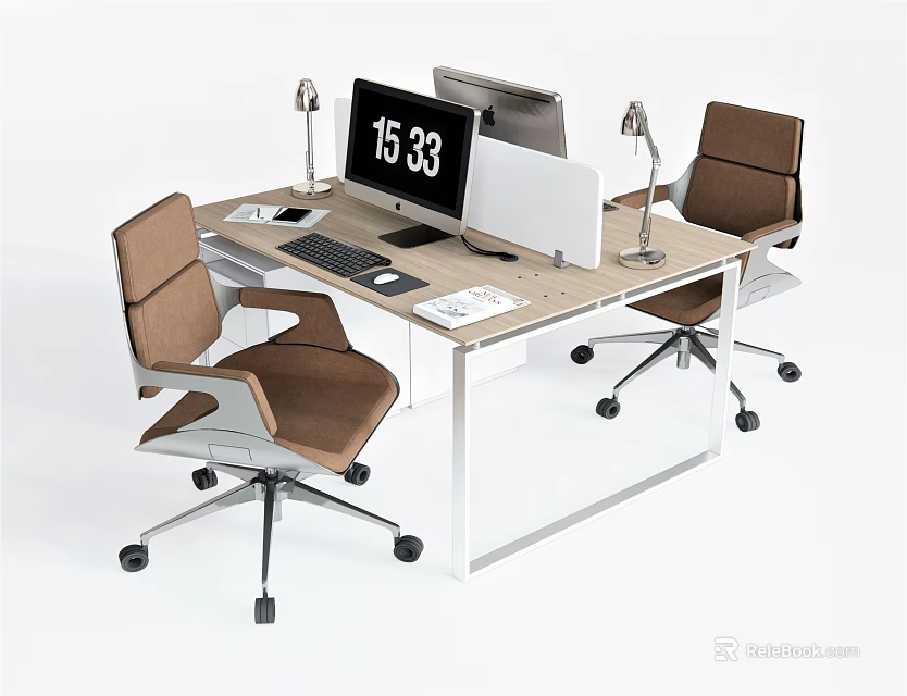 Modern Office Desk With Two Monitors Clock Keyboard And Brown Chairs 3d model