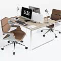 Modern Office Desk With Two Monitors Clock Keyboard And Brown Chairs 3d model