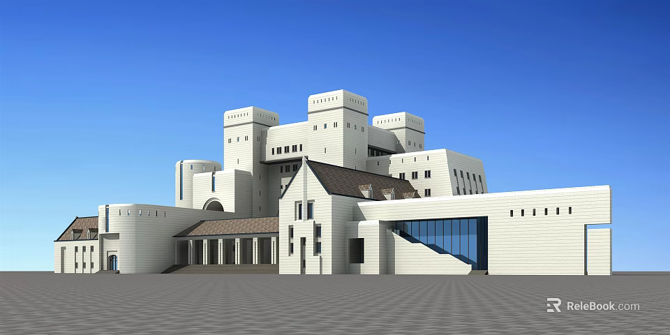 Modern Museum Building With White Exterior Tower Structures And Glass Elements 3d model