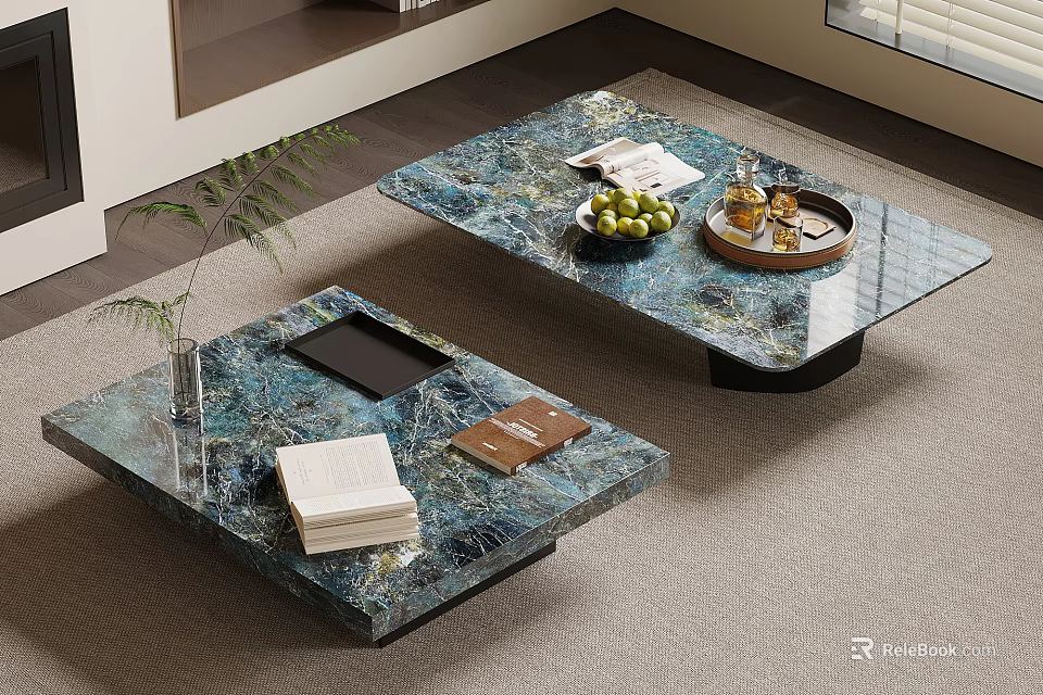 Blue Green Marble Coffee Tables With White Tissues Brown Book Black Tray Green Apples Wine Glasses 3d model 