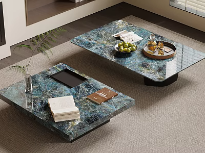 Blue Green Marble Coffee Tables With White Tissues Brown Book Black Tray Green Apples Wine Glasses 3d model