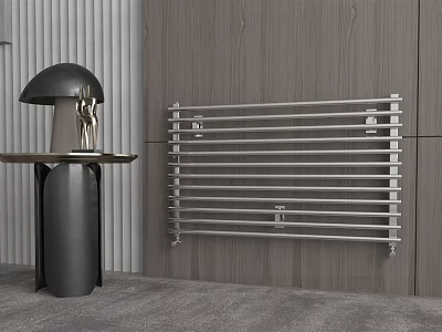 Modern Stainless Steel Radiator on Wooden Wall with Black Side Table and Gray Floor 3d model