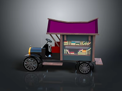 Vintage Mobile Book Truck With Purple Canopy And Shelves Of Books 3d model