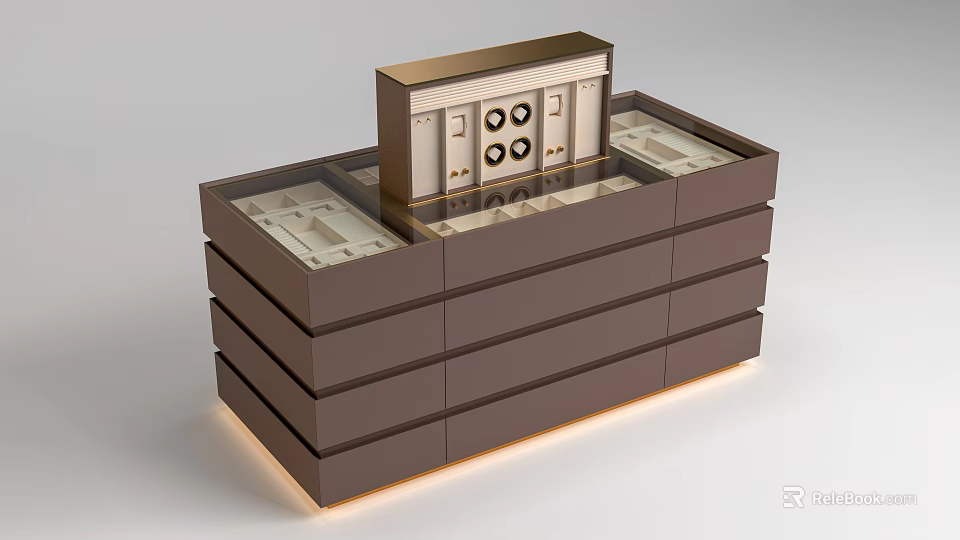 Modern Brown Island Cabinet With Multiple Drawers Circular Storage And Lighting 3d model