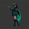 Fantasy Female Warrior Character With Green Armor Horns Spear And Green Cape 3D