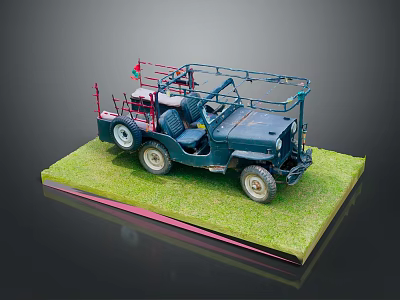 Dark Blue Military Vehicle Model With Open Top Structure On Grass Base 3d model