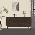 Modern Wooden Entryway Console Cabinet With Drawers Decorative Figurines Green Plant And Wall Art