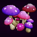 Vibrant Colorful Mushrooms with Purple Pink Red Hats and White Spots on Dark Background
