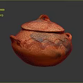 Orange Clay Pot With Lid Handles And Wavy Pattern For Home Daily Use