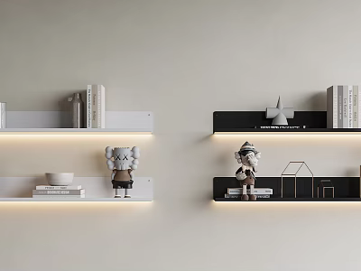 Minimalist Wall Mounted Shelves With LED Lighting Decorative Figurines And Books 3d model