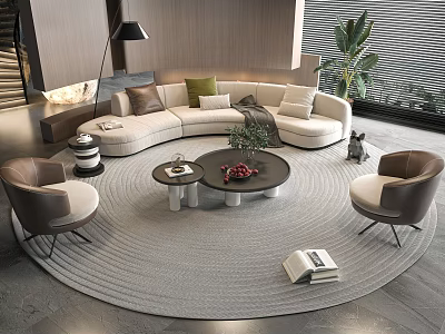 Modern Curved Sofa Coffee Table Combination With Throw Pillows Armchairs Potted Plant And Area Rug 3d model