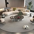 Modern Curved Sofa Coffee Table Combination With Throw Pillows Armchairs Potted Plant And Area Rug