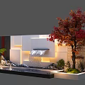 Modern Landscape Feature Wall With Waterfall Red Maple Tree Lighting And Decorative Stones 3d model