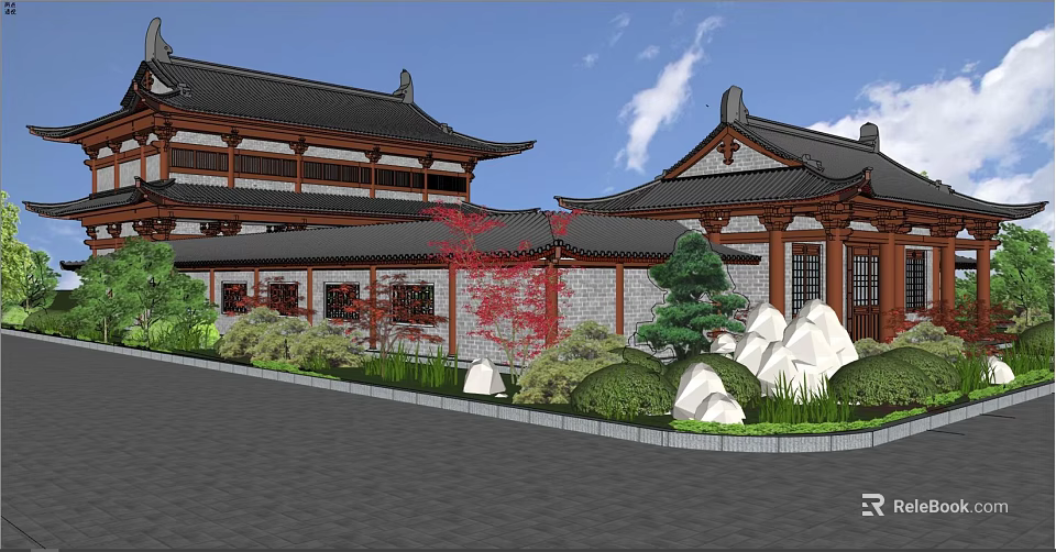 Ancient Chinese Architecture With Traditional Roof Overhanging Eaves Wooden Structure And Garden Landscaping 3d model 