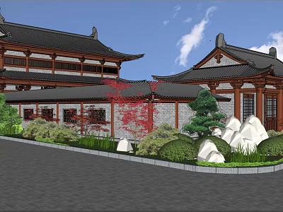 Ancient Chinese Architecture With Traditional Roof Overhanging Eaves Wooden Structure And Garden Landscaping 3d model